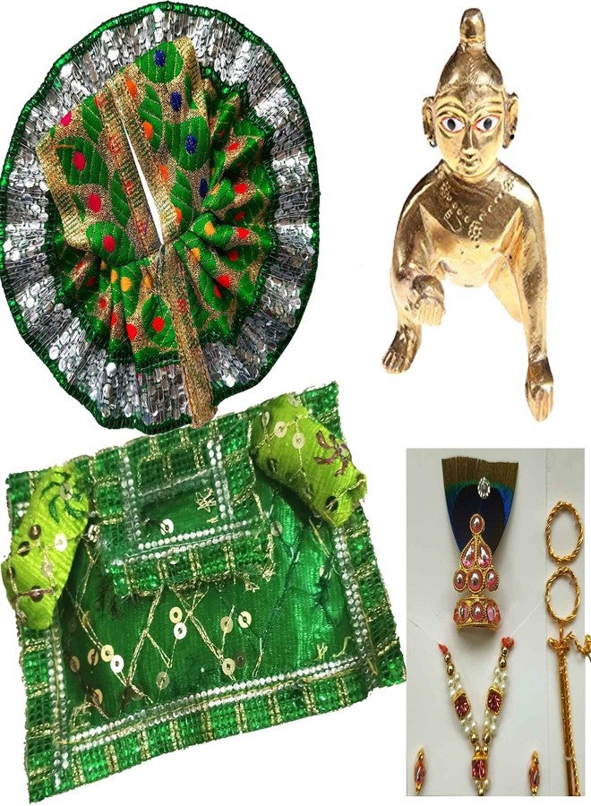 SK Craft Designer Handcrafted Golden Green Combimation Laddu Gopal Set/Assan/Shringar, Laddu Gopal Gaddi, Laddu Gopal Poshak, Laddu Gopal Murli, Laddu Gopal Shringar Set - Image 1